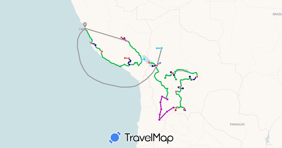 TravelMap itinerary: driving, bus, plane, cycling, hiking, boat, motorbike, 4x4 expédition, cheval in Bolivia, Peru (South America)